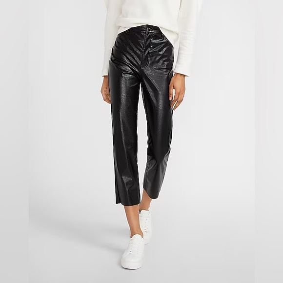 Super High Waisted Silver Faux Leather Cropped Straight Pant